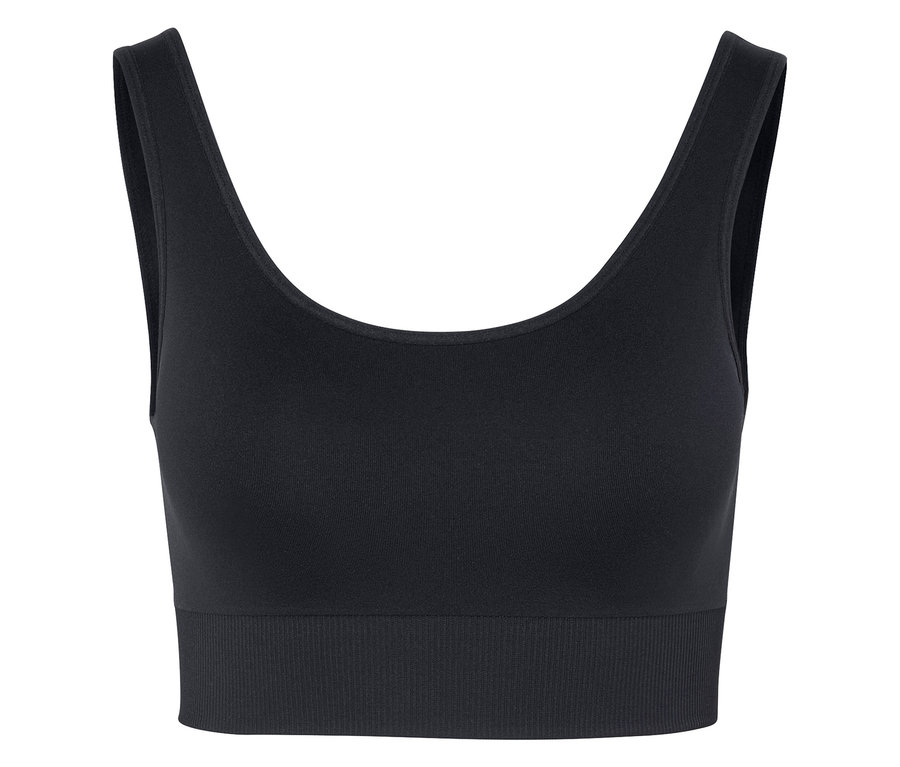 Soutien-gorge de sport noir avec larges bretelles et bande élastique sous la poitrine.
