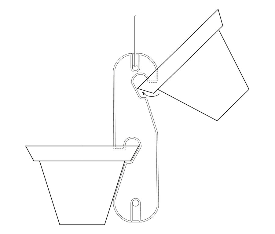Illustration de deux pots de fleurs, l'un étant suspendu au mur et l'autre étant incliné vers lui.