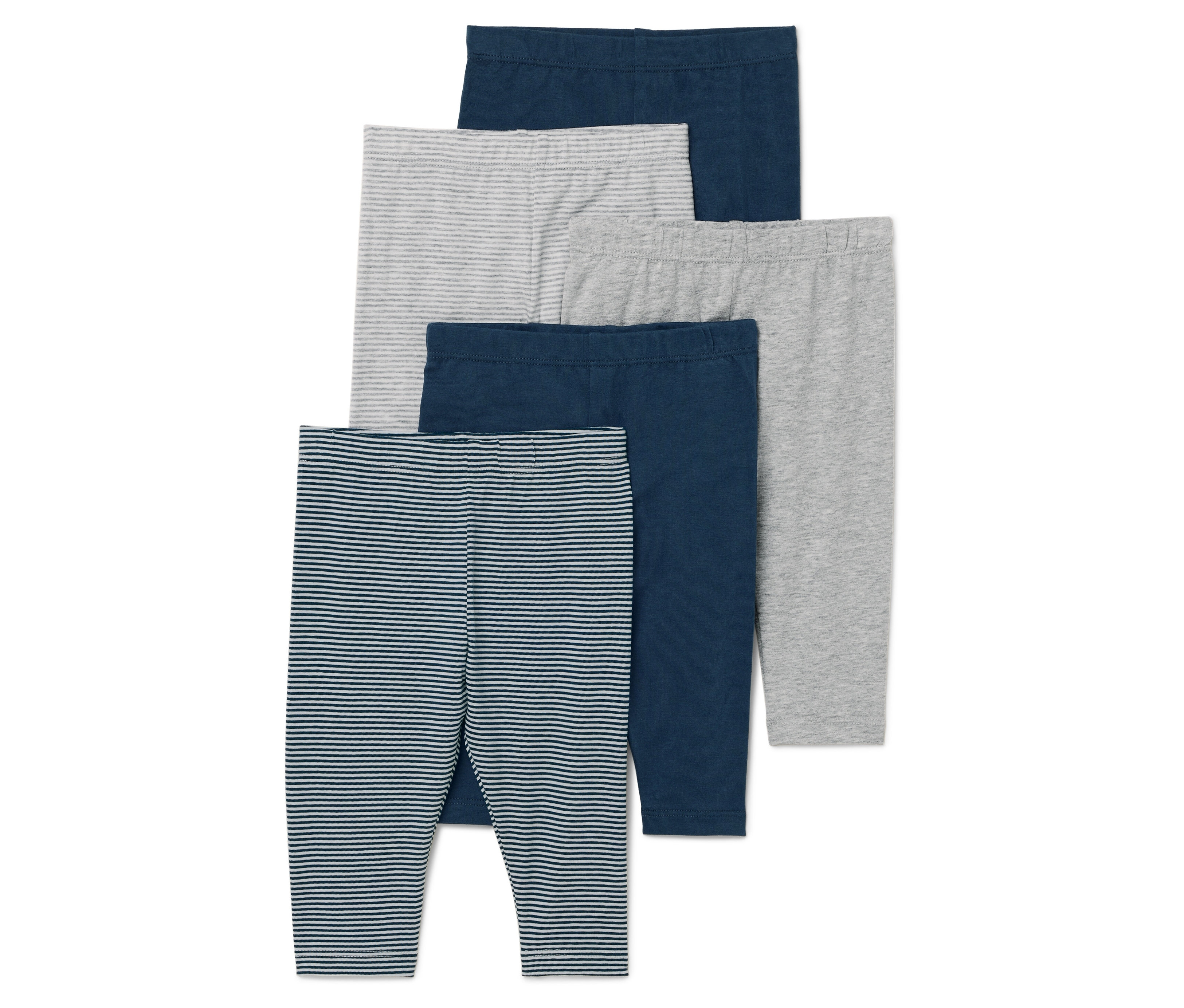 Cinq leggings pour enfants dans les couleurs bleu marine, gris et à rayures.