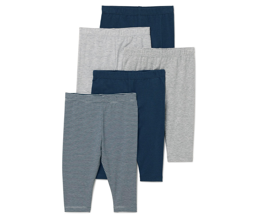 Cinq leggings pour enfants dans les couleurs bleu marine, gris et à rayures.