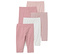 Cinq leggings pour bébés dans différentes nuances de rose et de blanc sont superposés.