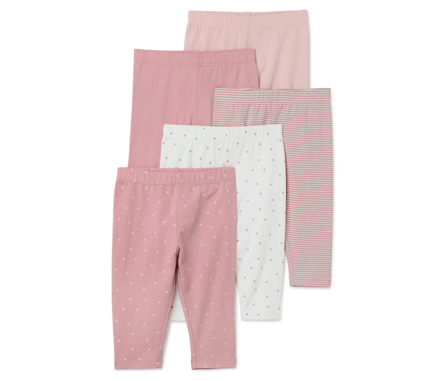 Cinq leggings pour bébés dans différentes nuances de rose et de blanc sont superposés.