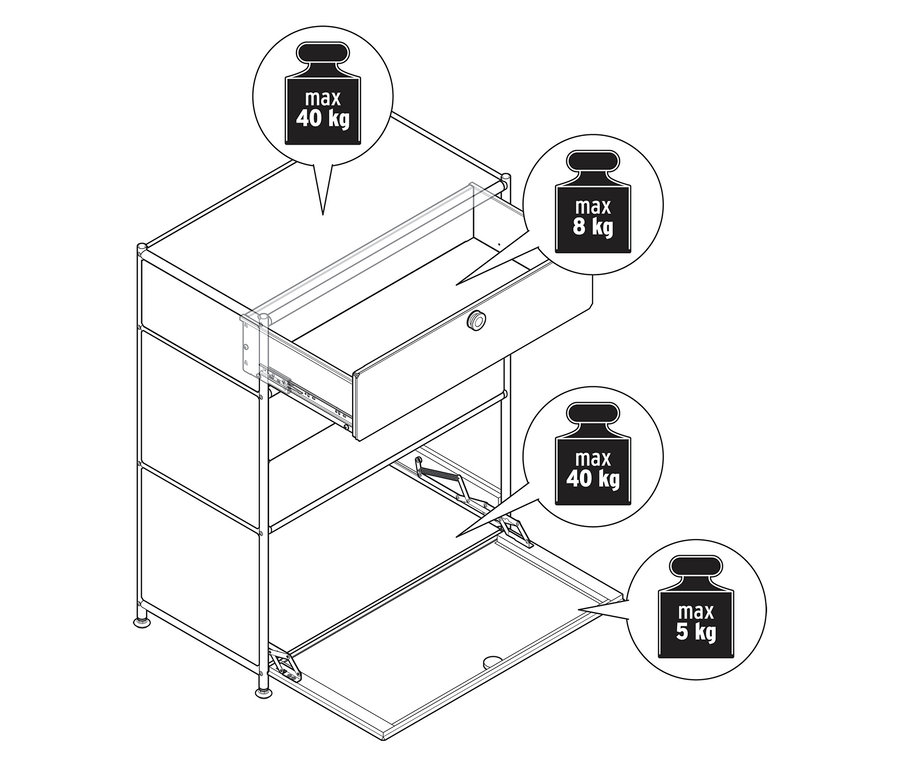 Schéma d'une commode métallique « CN3 » avec 3 tiroirs et 1 abattant, un tiroir étant ouvert.
