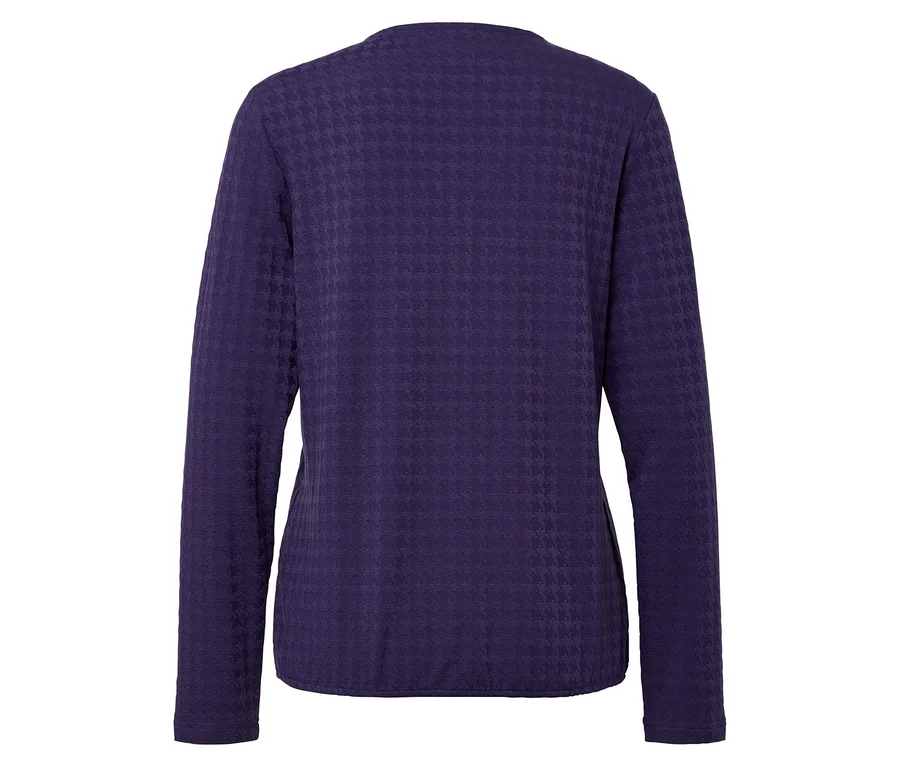 Vue arrière d'un t-shirt à manches longues violet pour femmes avec un motif pied-de-poule.