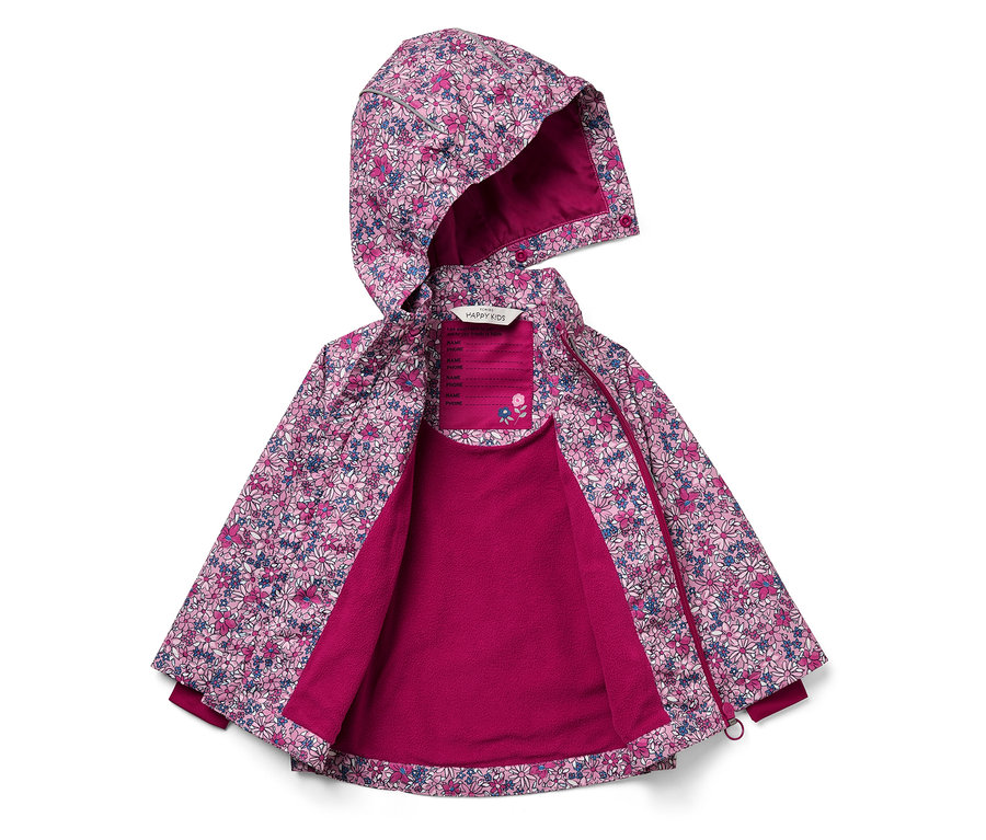Veste à capuche ouverte avec motif floral et doublure rose.