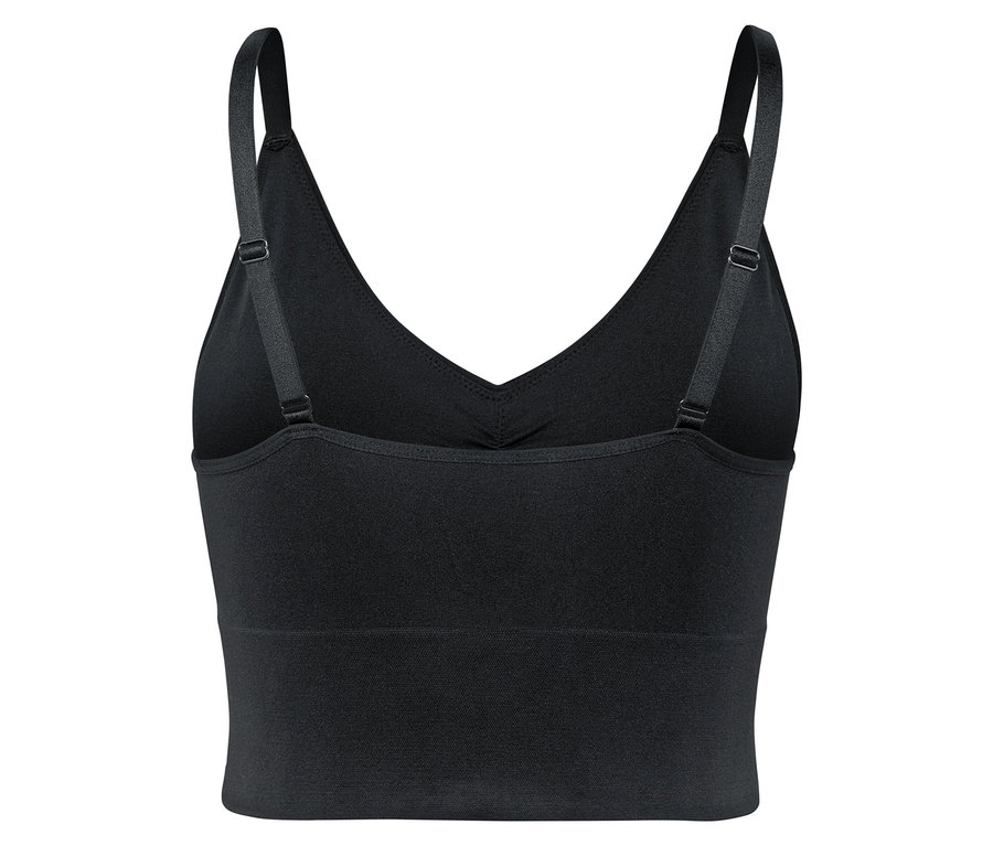 Vue détaillée de l'arrière d'un soutien-gorge de sport noir avec bretelles réglables.