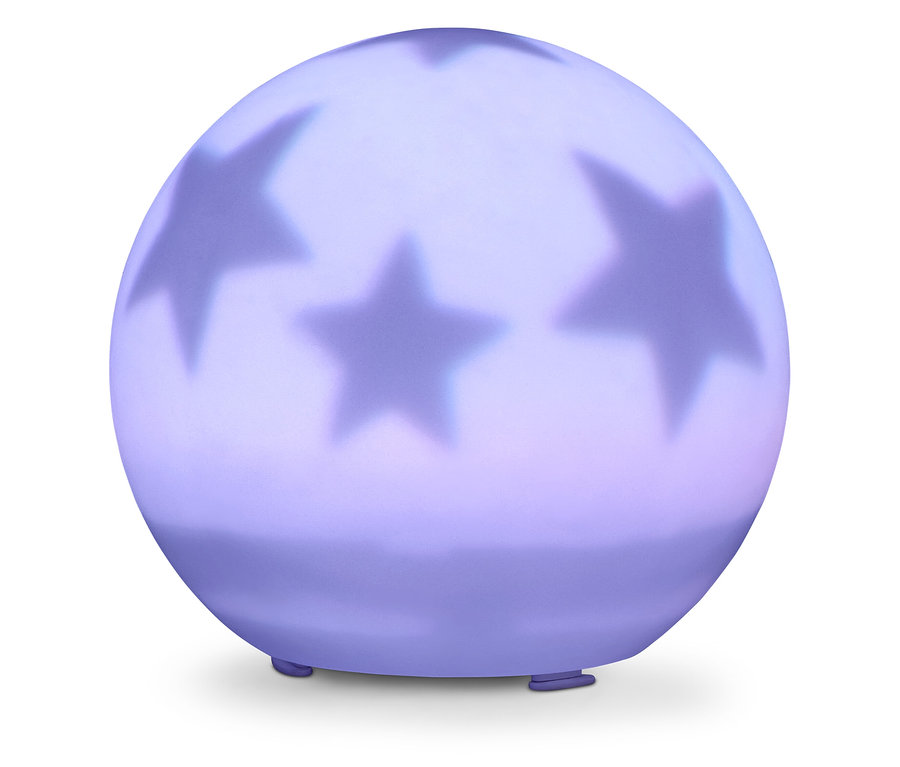 Veilleuse sphérique avec des étoiles, posée sur de petits pieds.