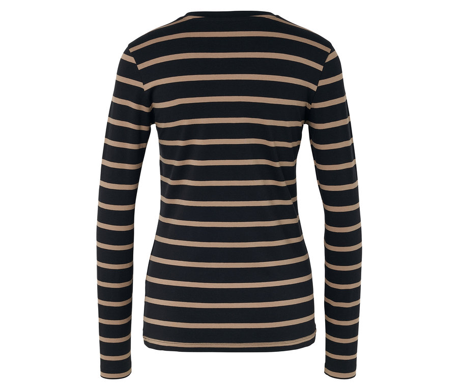 Vue arrière d'un t-shirt à manches longues pour femmes avec des rayures horizontales marron sur fond noir.