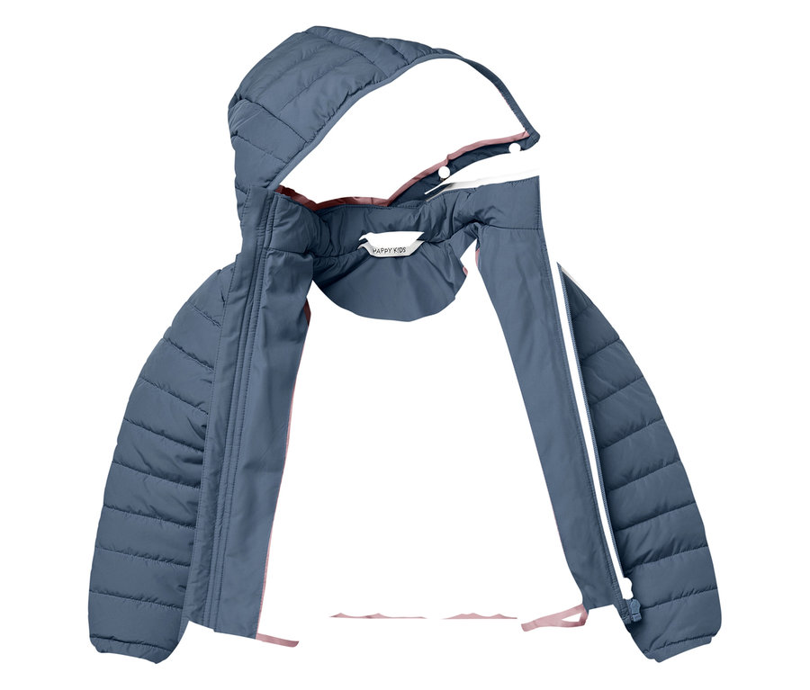 Veste bleue matelassée ouverte avec capuche.