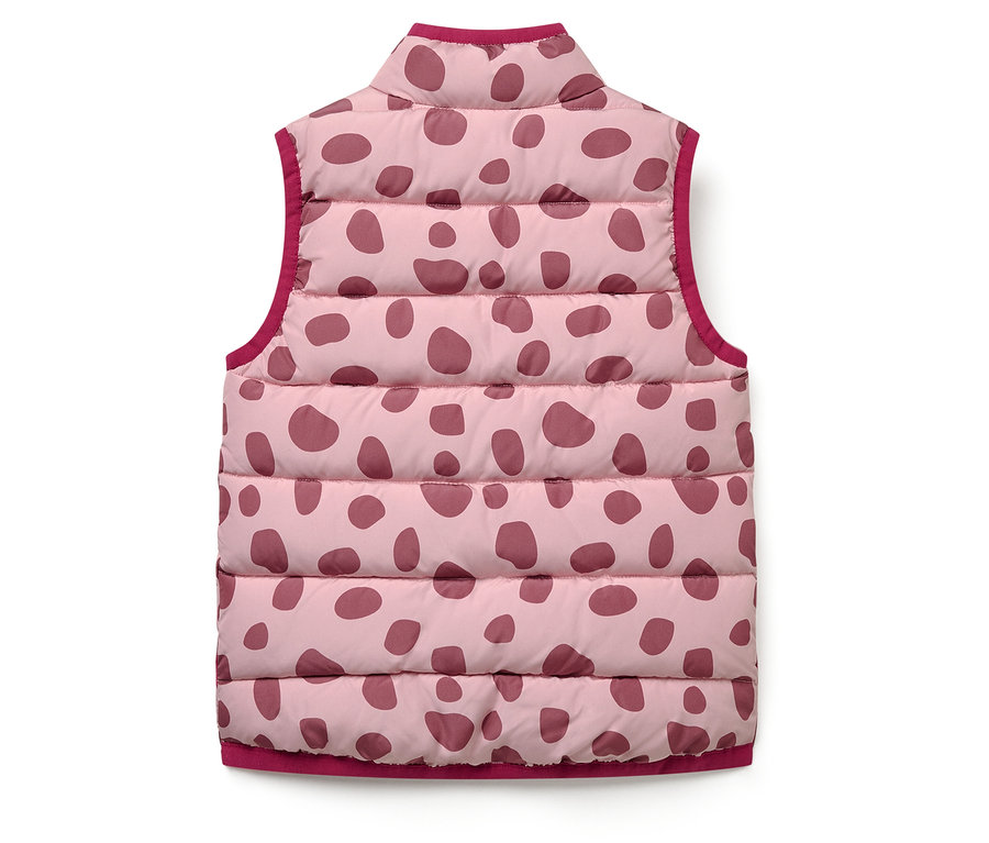 Veste matelassée rose avec des taches et des bordures rouge foncé.