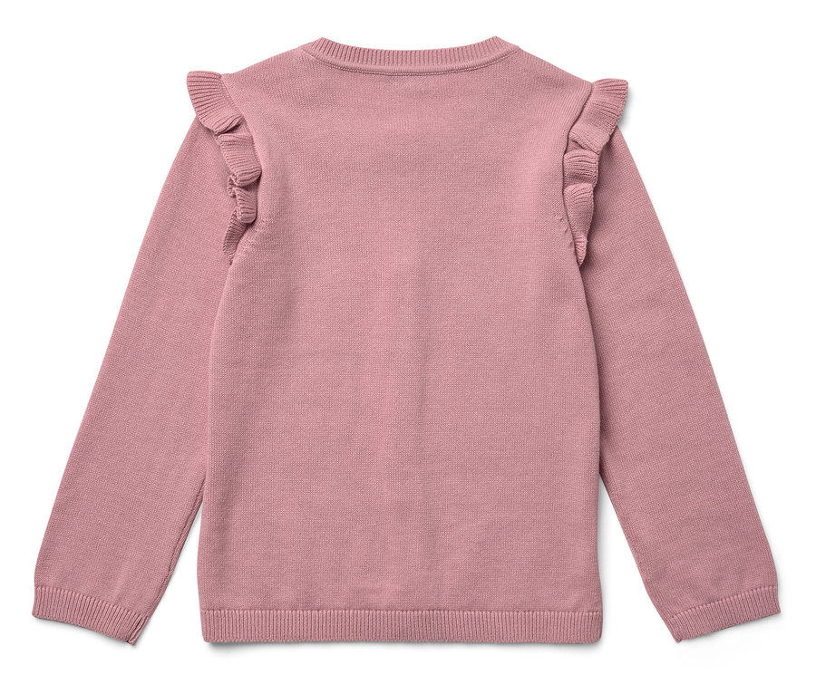 Pull en tricot rose à manches longues avec volants aux épaules, posé sur un fond blanc.