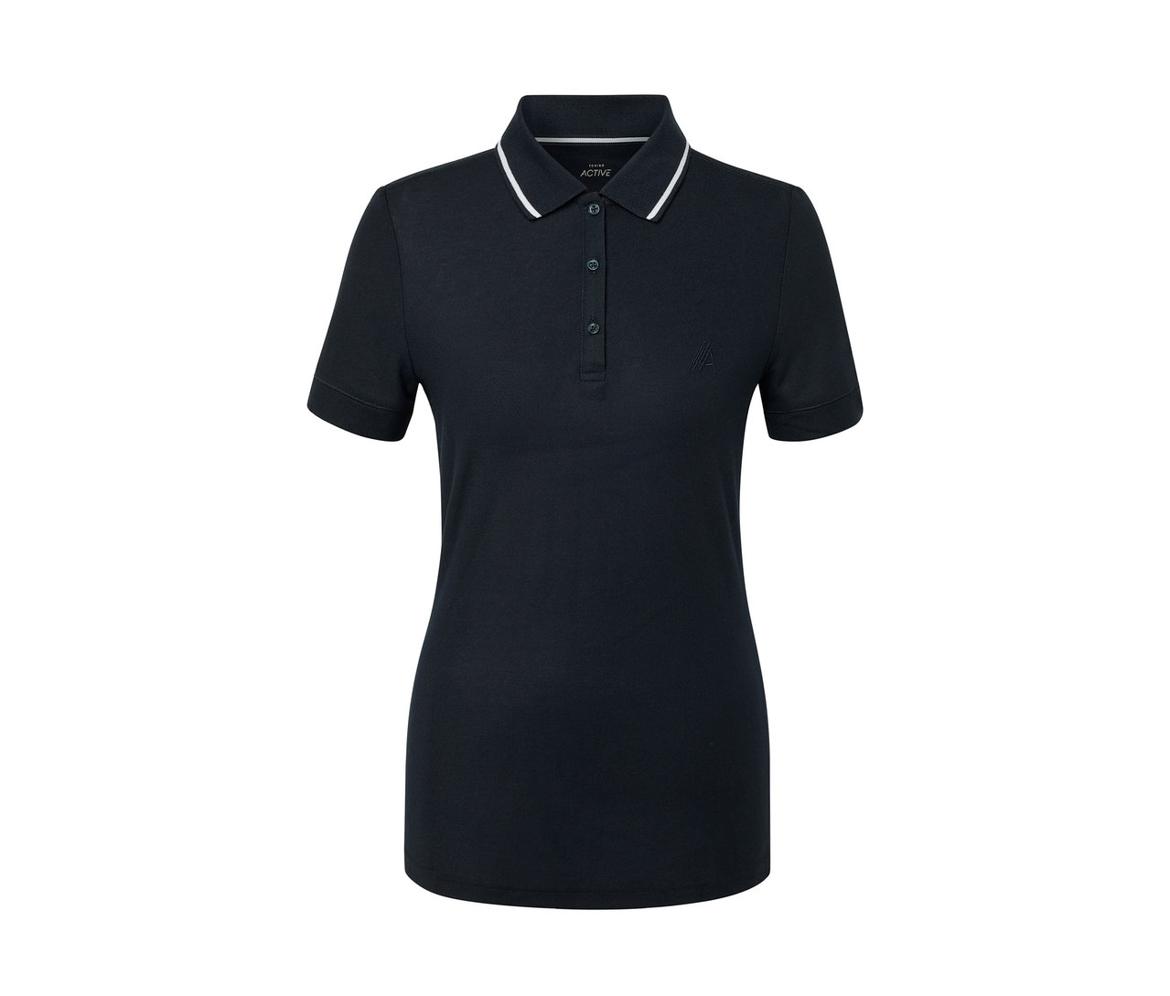 Polo technique bleu foncé avec bordure blanche au col.