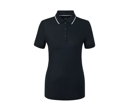 Polo technique bleu foncé avec bordure blanche au col.