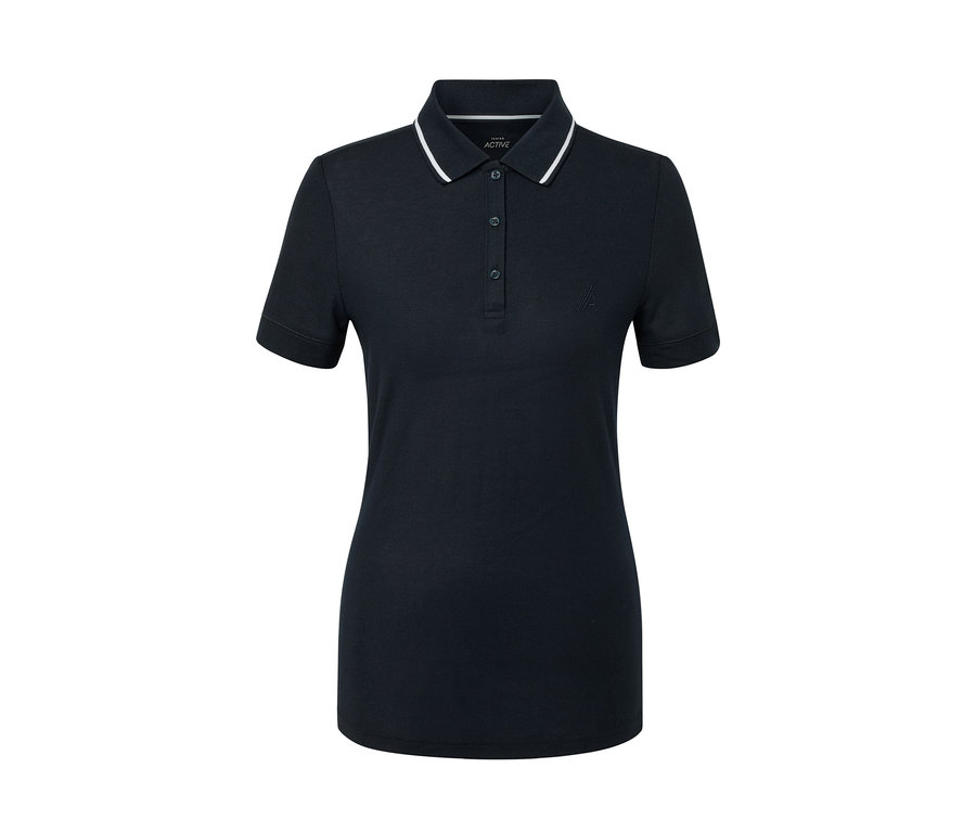 Polo technique bleu foncé avec bordure blanche au col.