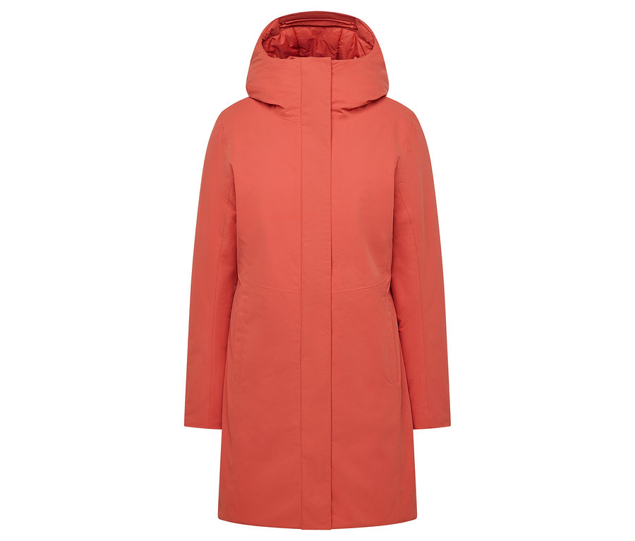 Manteau orange avec capuche.