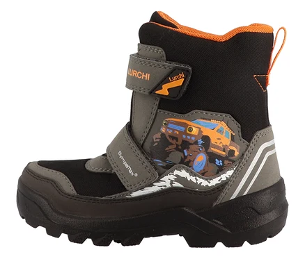 Botillon d'hiver noir et gris LURCHI « Kojo-SYMPATEX » avec des détails orange et une image de voiture.