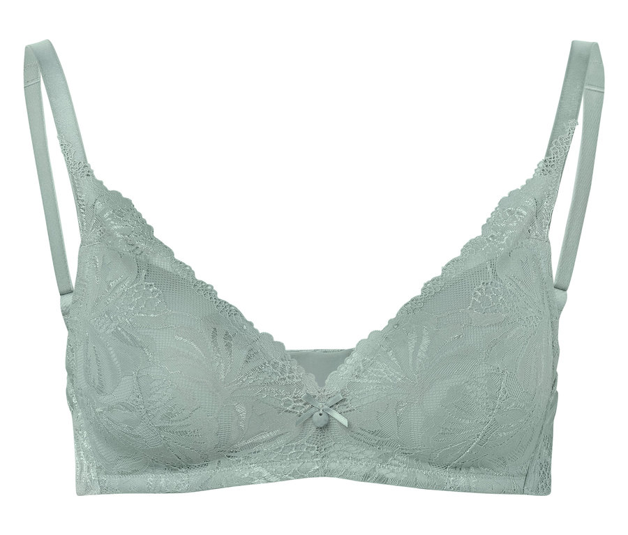 Soutien-gorge en dentelle verte avec de fines bretelles.