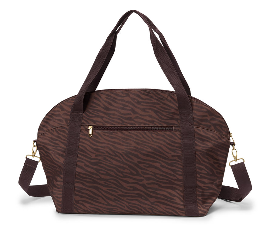 Sac à main marron avec motif zébré, fermeture éclair et bandoulières.