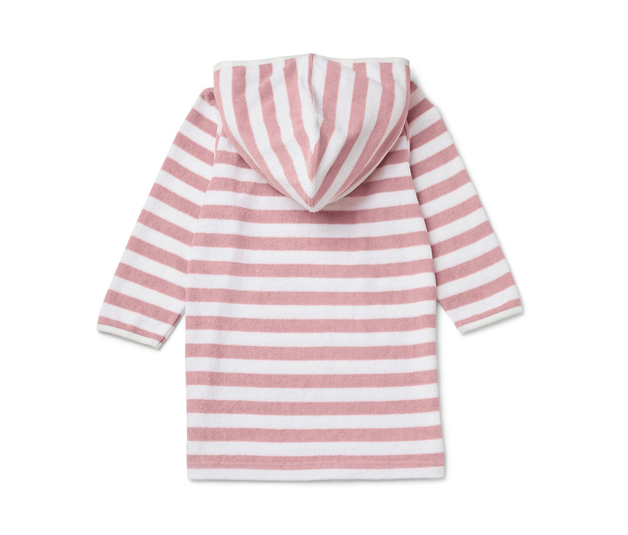 Vue arrière d'un poncho en tissu éponge pour enfant rayé rose et blanc avec capuche.