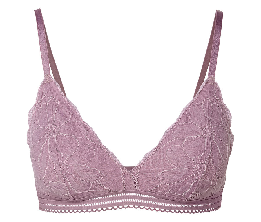 Soutien-gorge en dentelle violette avec bonnets triangulaires et fines bretelles.