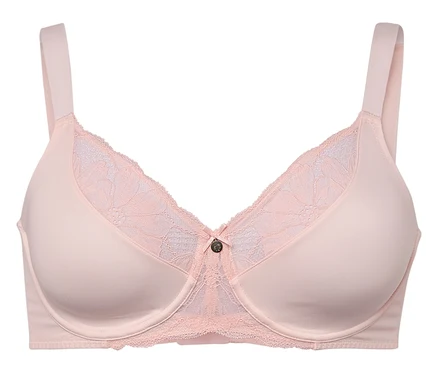 Gros plan d'un soutien-gorge rose clair avec de la dentelle.