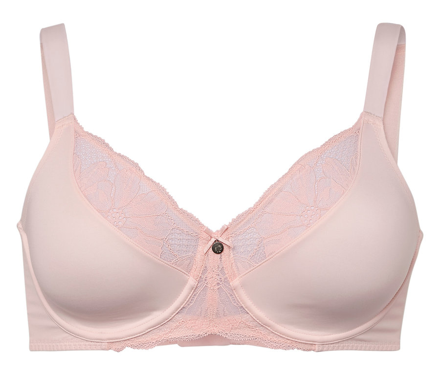 Gros plan d'un soutien-gorge rose clair avec de la dentelle.
