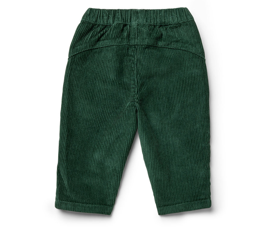 Vue détaillée de l'arrière d'un pantalon en velours côtelé vert.