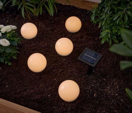 Cinq lampes sphériques rondes et lumineuses sont placées dans un parterre de jardin parmi des plantes et des fleurs, avec un petit panneau solaire.