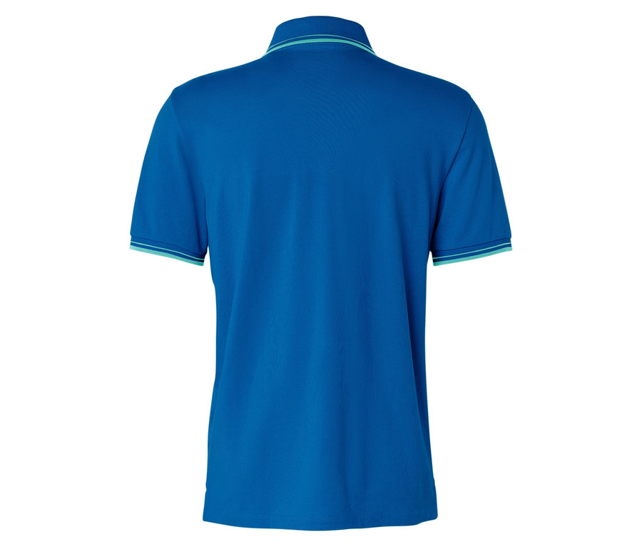 Vue arrière d'un polo bleu avec des détails verts.