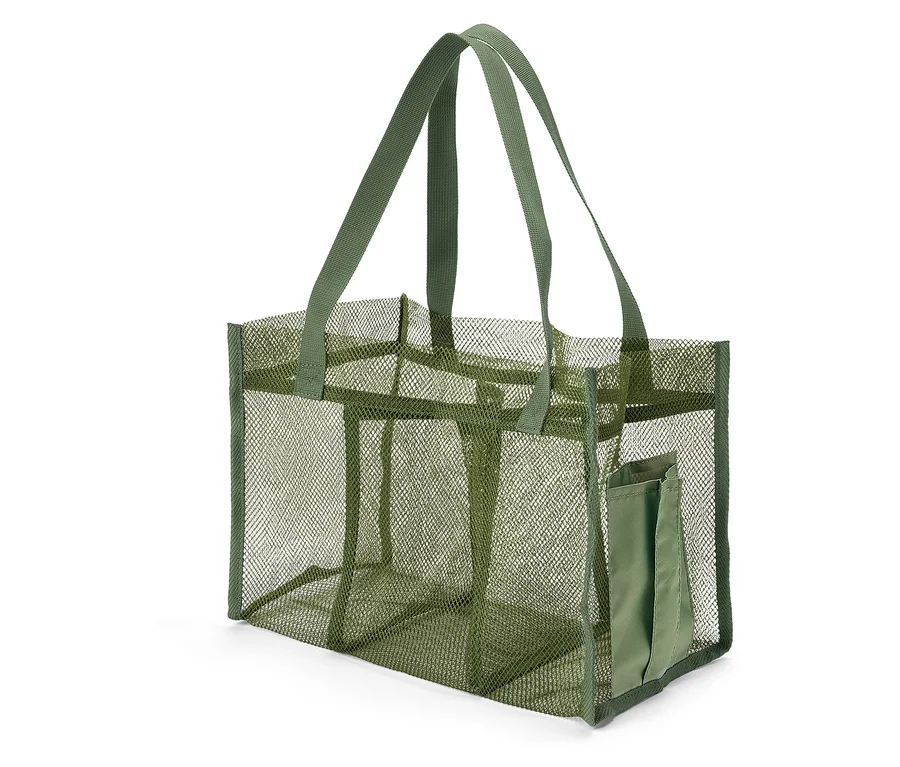 Sac de récolte et de collecte vert en maille, avec deux poignées en tissu et une poche latérale.