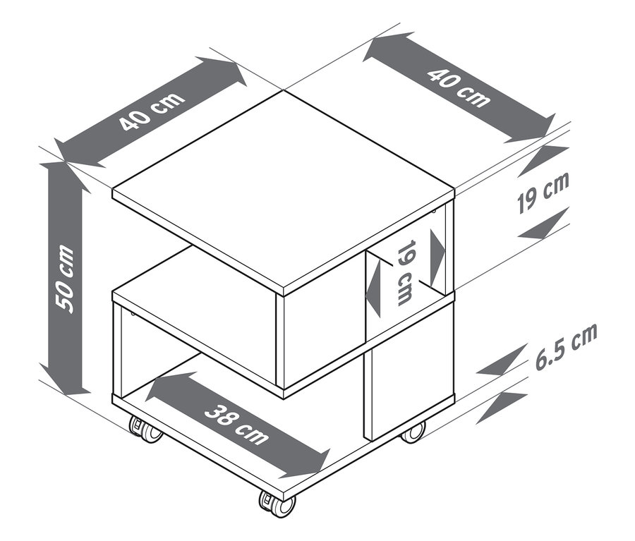 Vue de dessus d'une table basse aspect bois sur roulettes avec dimensions.