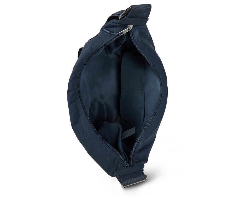 Sac bandoulière bleu marine ouvert, vue de l'intérieur.