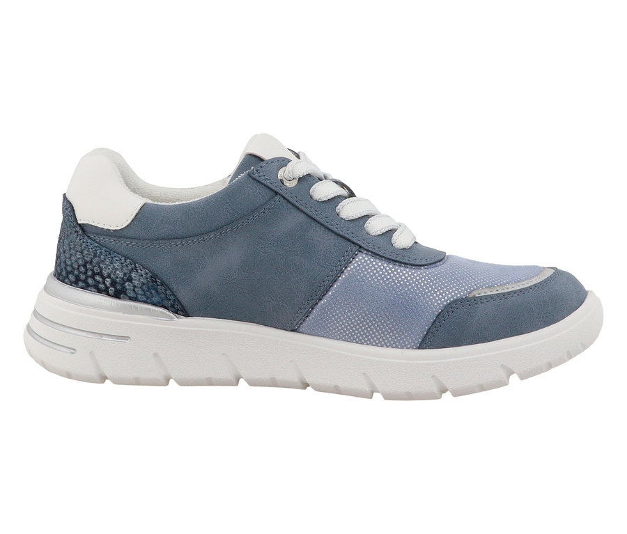 Sneaker bleu pour femme avec lacets blancs et semelle blanche.