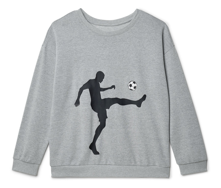Sweat-shirt gris avec une silhouette de joueur de football frappant un ballon.
