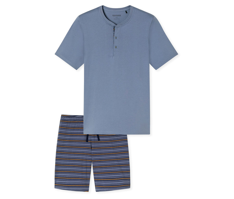 Set shorty SCHIESSER, composé d'un t-shirt Henley à manches courtes bleu-gris et d'un short rayé bleu-gris avec des rayures bleu foncé et orange.