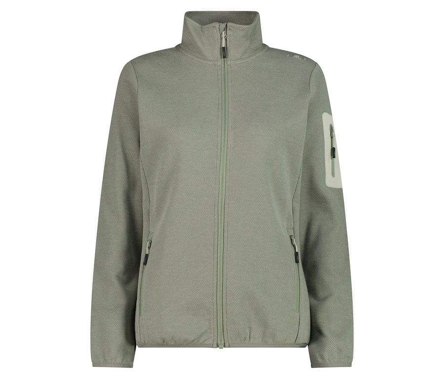 Une veste polaire CMP vert clair avec fermeture éclair et poches latérales est présentée.