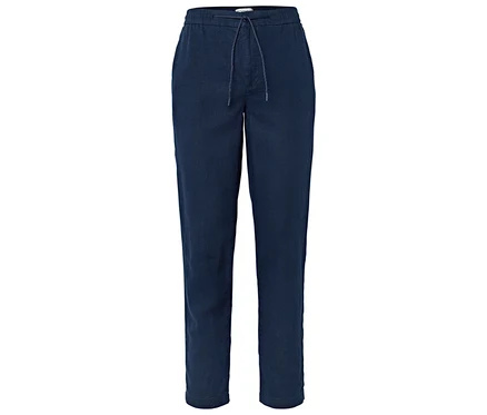 Pantalon en lin bleu foncé avec cordon de serrage.