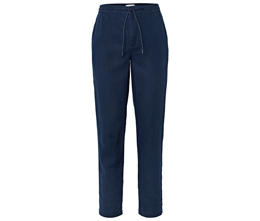 Pantalon en lin bleu foncé avec cordon de serrage.