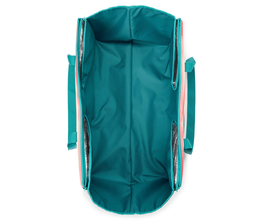 Vue intérieure d'un sac fourre-tout vide et ouvert avec une doublure turquoise, des poignées turquoise et des côtés rayés rose et blanc.