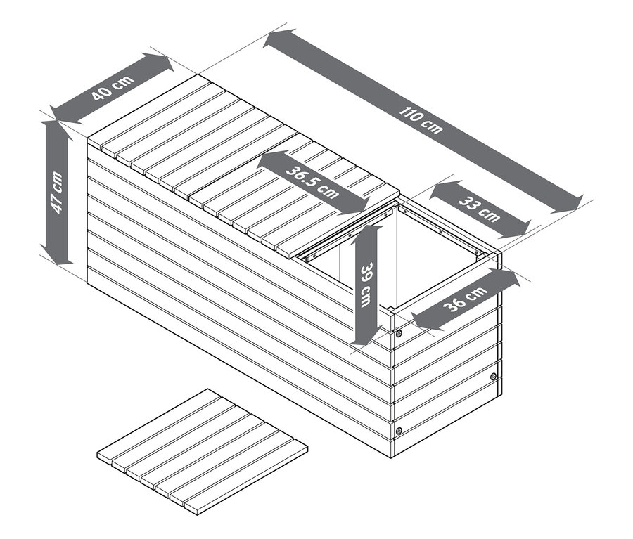 Vue de dessus d'un bac à plantes rectangulaire en bois assemblé mesurant 110 cm de long, 40 cm de large et 47 cm de haut.