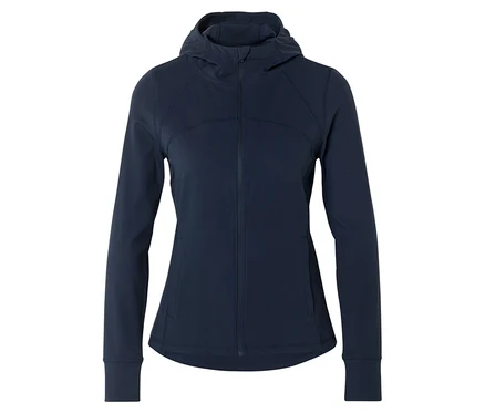 Veste à capuche bleu marine avec fermeture éclair intégrale et manches longues sur fond blanc.