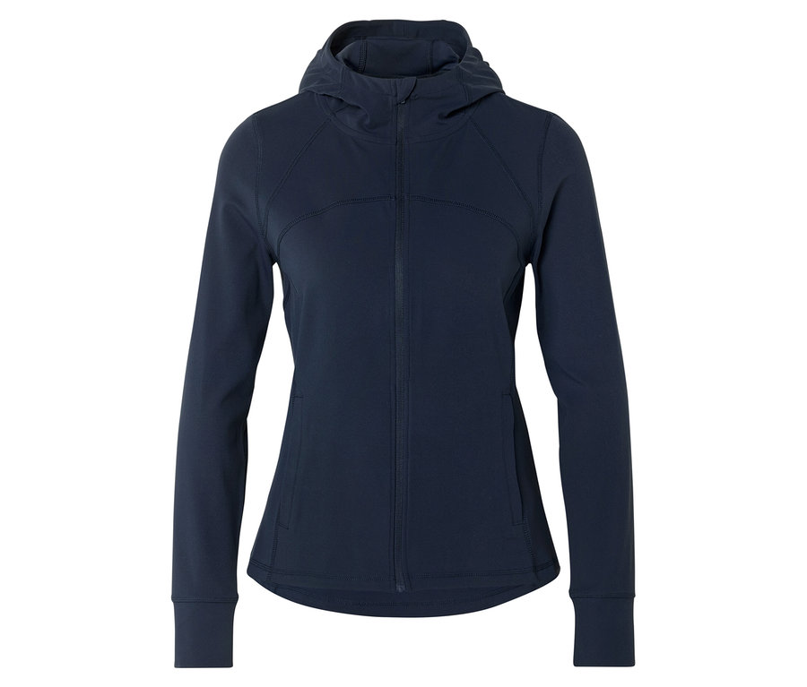 Veste à capuche bleu marine avec fermeture éclair intégrale et manches longues sur fond blanc.