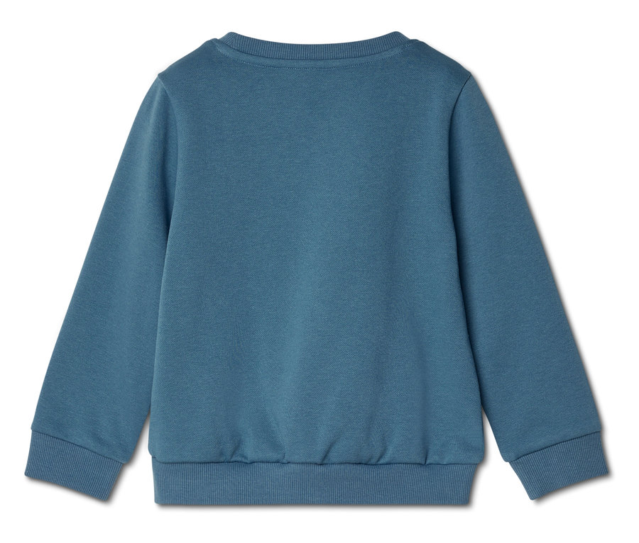 Vue arrière d'un sweat-shirt bleu à manches longues et poignets côtelés.