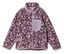 Veste polaire violette avec un motif léopard violet clair, une fermeture éclair intégrale, un col montant, une poche poitrine zippée et deux poches latérales.