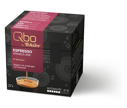 Paquet noir de 27 capsules de café Qbo by Tchibo Espresso Apaneca Ana, origine El Salvador, élégant avec des notes de caramel, intensité 6/10. Une tasse d'espresso avec de la crème est illustrée.