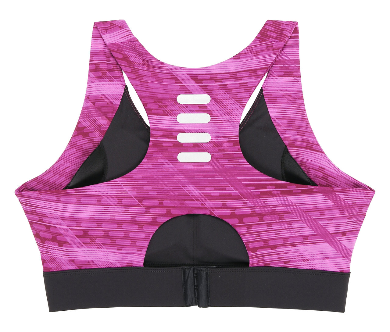 Vue arrière d'un soutien-gorge de sport rose FILA pour femmes avec une bande inférieure noire.