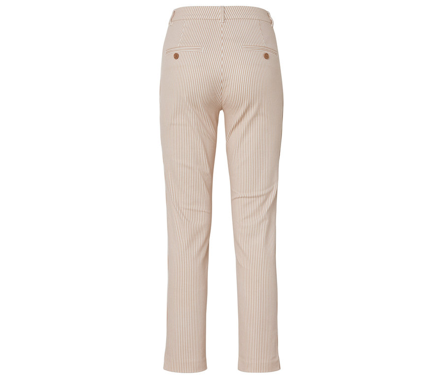 Vue arrière d'un pantalon rayé marron clair avec deux poches et des boutons.