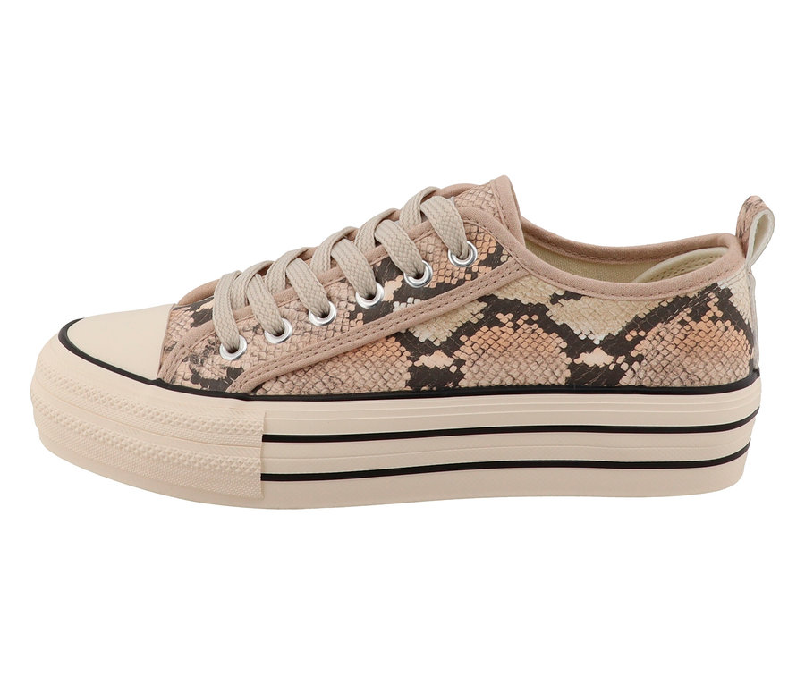 Vue latérale de baskets beiges à plateforme avec motif peau de serpent.