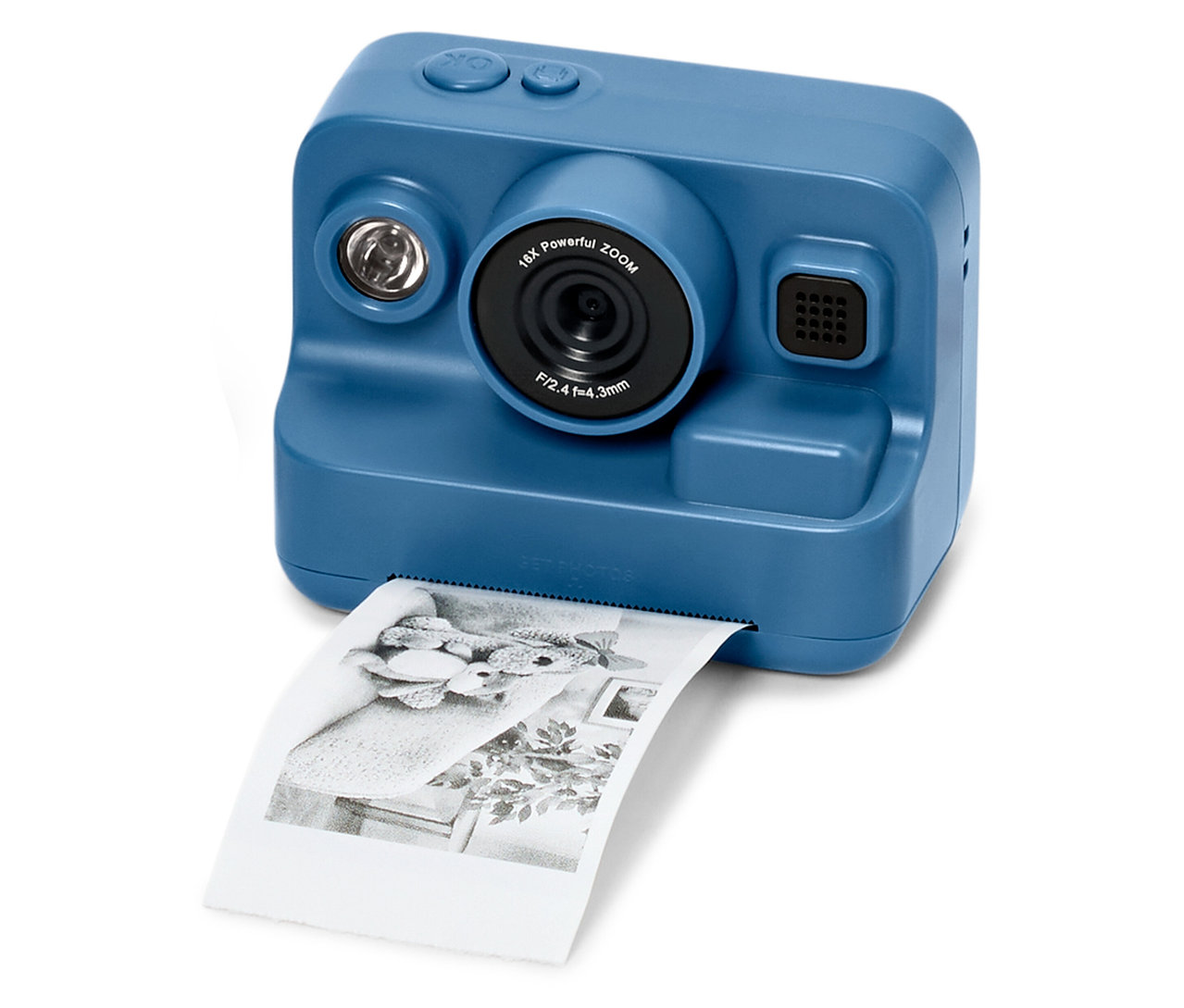Appareil photo bleu avec imprimante, en train d'imprimer une photo.