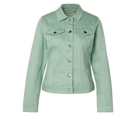 Veste en jean vert clair avec boutons argentés.